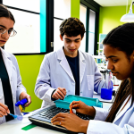 **

A diverse group of people, including teenagers and adults, are gathered around a table in a vibrant community bio lab ("BioLab Abierto" style, Barcelona). They are wearing lab coats and using simple lab equipment, pipettes, and colorful liquids. Some are looking at laptops, others are focused on their experiments. The atmosphere is collaborative and exciting, with natural light streaming in. Focus on the DIY biology, citizen science aspect.

**