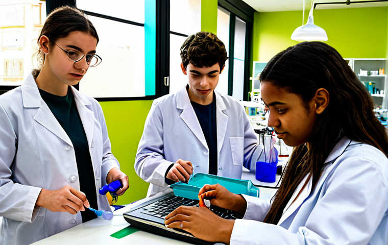 **

A diverse group of people, including teenagers and adults, are gathered around a table in a vibrant community bio lab ("BioLab Abierto" style, Barcelona). They are wearing lab coats and using simple lab equipment, pipettes, and colorful liquids. Some are looking at laptops, others are focused on their experiments. The atmosphere is collaborative and exciting, with natural light streaming in. Focus on the DIY biology, citizen science aspect.

**