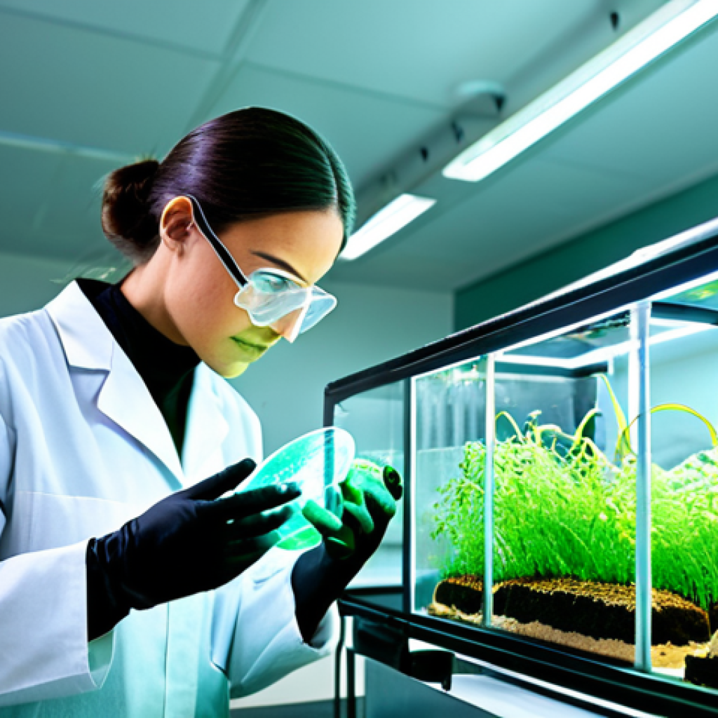 합성생물학의 글로벌 연구 트렌드 - Sustainable Solutions**
"A scientist in a clean, modern lab, examining a petri dish containing glow...