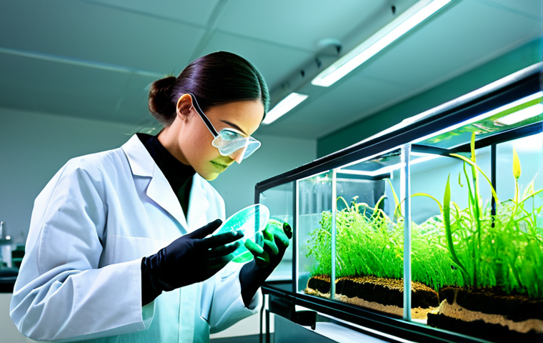 합성생물학의 글로벌 연구 트렌드 - Sustainable Solutions**
"A scientist in a clean, modern lab, examining a petri dish containing glow...