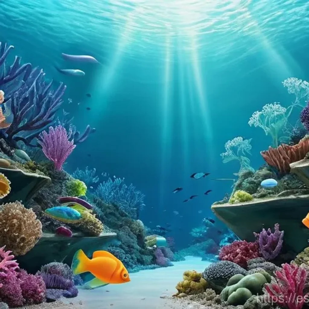 합성생물학의 환경적 영향 평가 - **Prompt:** A futuristic, serene underwater scene where glowing, translucent synthetic microbes, des...