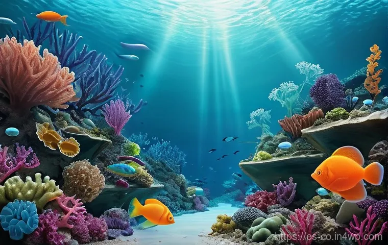 합성생물학의 환경적 영향 평가 - **Prompt:** A futuristic, serene underwater scene where glowing, translucent synthetic microbes, des...
