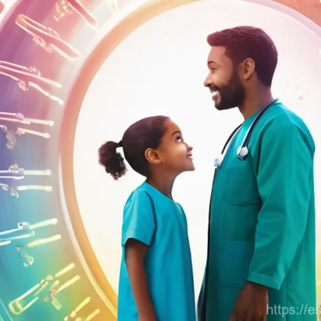 합성생물학의 차세대 유전자 치료 연구 - **A New Dawn of Hope through Gene Therapy:**
A heartwarming and brightly lit scene depicting a d...