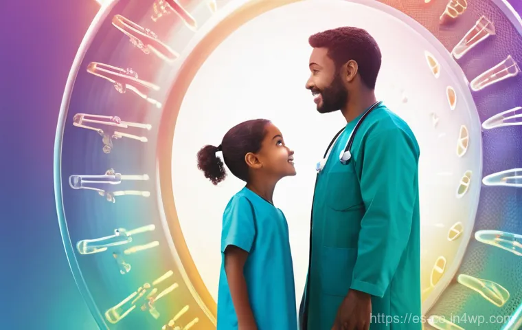 합성생물학의 차세대 유전자 치료 연구 - **A New Dawn of Hope through Gene Therapy:**
A heartwarming and brightly lit scene depicting a d...