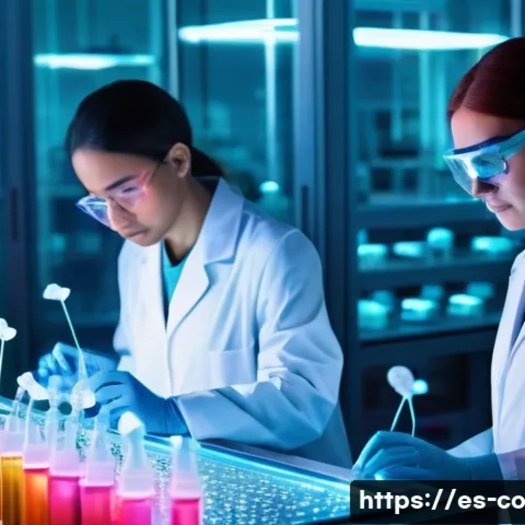 합성생물학의 연구 성과 관리 및 활용 방안 - **Subject:** A futuristic medical lab. **Details:** A diverse team of scientists in lab coats and sa...