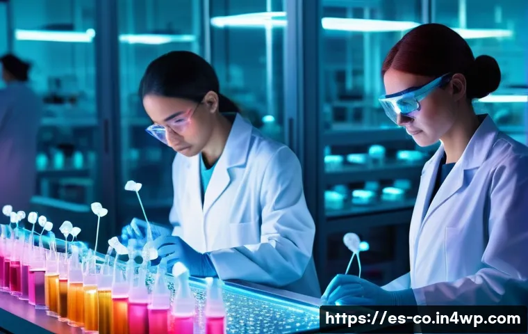 합성생물학의 연구 성과 관리 및 활용 방안 - **Subject:** A futuristic medical lab. **Details:** A diverse team of scientists in lab coats and sa...