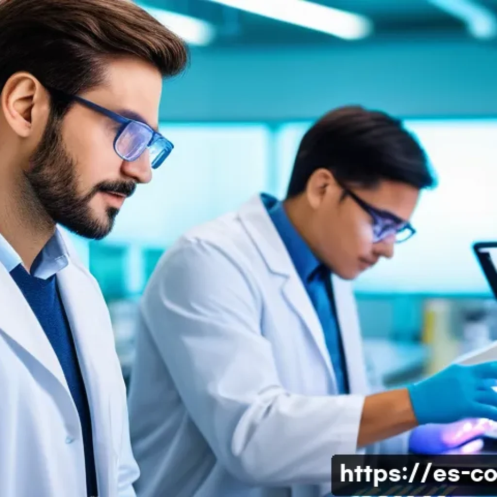 합성생물학의 국제 협력과 연구 결과 공유 - A vibrant international laboratory scene showing diverse scientists—including biologists, engineers,...