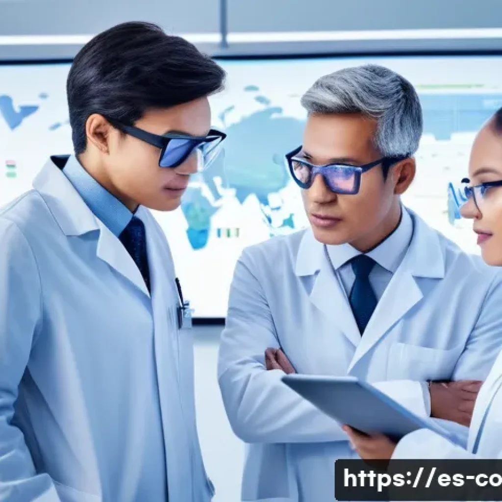 합성생물학의 글로벌 연구 네트워크 구성 - A diverse group of international scientists collaborating in a modern biotechnology laboratory, shar...