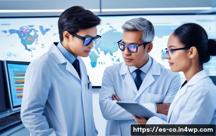 합성생물학의 글로벌 연구 네트워크 구성 - A diverse group of international scientists collaborating in a modern biotechnology laboratory, shar...