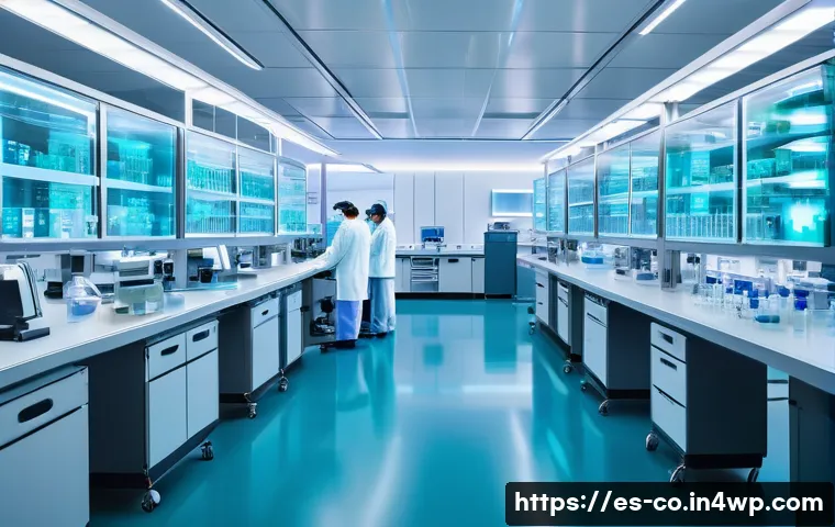 합성생물학 내에서의 유전자 회로 설계 - A highly detailed scientific laboratory scene showcasing a modular synthetic biology workstation: mu...