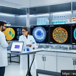 Home 22 합성생물학의 국제적 협력 기회 - A vibrant, detailed laboratory scene showing an international team of diverse scientists collaborati...