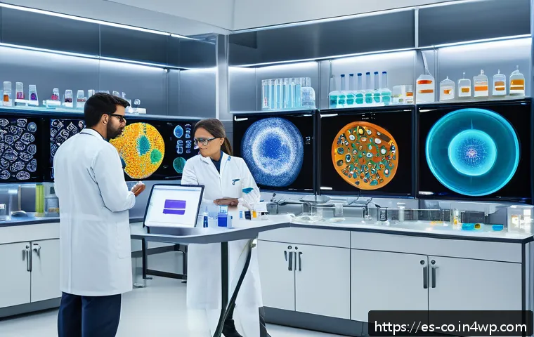 합성생물학의 국제적 협력 기회 - A vibrant, detailed laboratory scene showing an international team of diverse scientists collaborati...