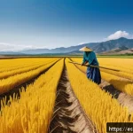 Home 21 합성생물학의 혁신적 연구 사례 - A vibrant agricultural field in a sunny Spanish countryside featuring drought-resistant golden rice ...