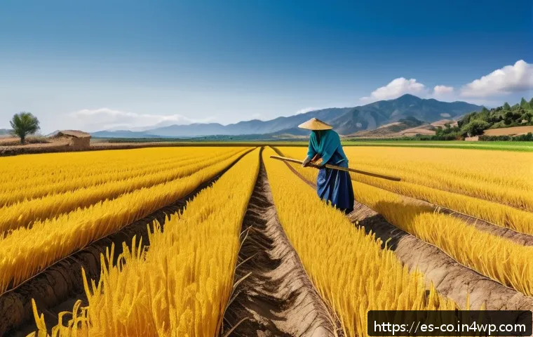 합성생물학의 혁신적 연구 사례 - A vibrant agricultural field in a sunny Spanish countryside featuring drought-resistant golden rice ...