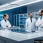 Home 18 합성생물학의 실험적 접근법 - A futuristic laboratory scene in a modern Spanish biotech research center, showcasing scientists in ...