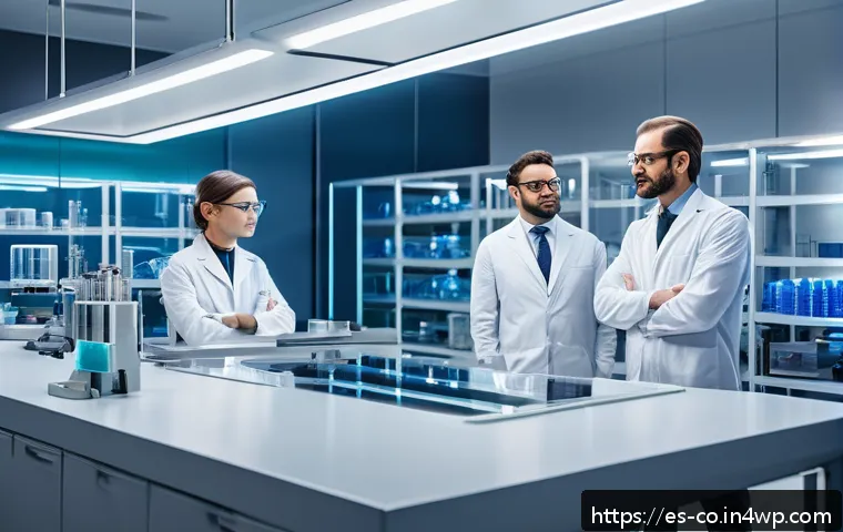 합성생물학의 실험적 접근법 - A futuristic laboratory scene in a modern Spanish biotech research center, showcasing scientists in ...