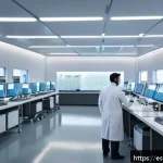 Home 23 합성생물학의 실험적 접근 방법 및 사례 - A highly detailed futuristic laboratory scene in Spain, showcasing scientists in modern white lab co...