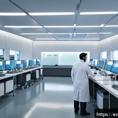 Home 17 합성생물학의 실험적 접근 방법 및 사례 - A highly detailed futuristic laboratory scene in Spain, showcasing scientists in modern white lab co...