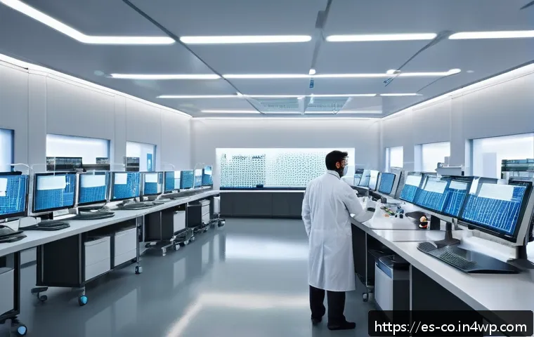 합성생물학의 실험적 접근 방법 및 사례 - A highly detailed futuristic laboratory scene in Spain, showcasing scientists in modern white lab co...